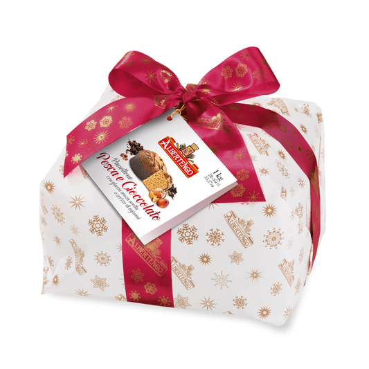 Albertengo España - Albertengo Panettone de melocotón y chocolate incarto 1Kg - www.albertengospain.com - Tienda online. Envíos a España. Envíos gratis a partir de 90€. El mejor panettone Italiano. 