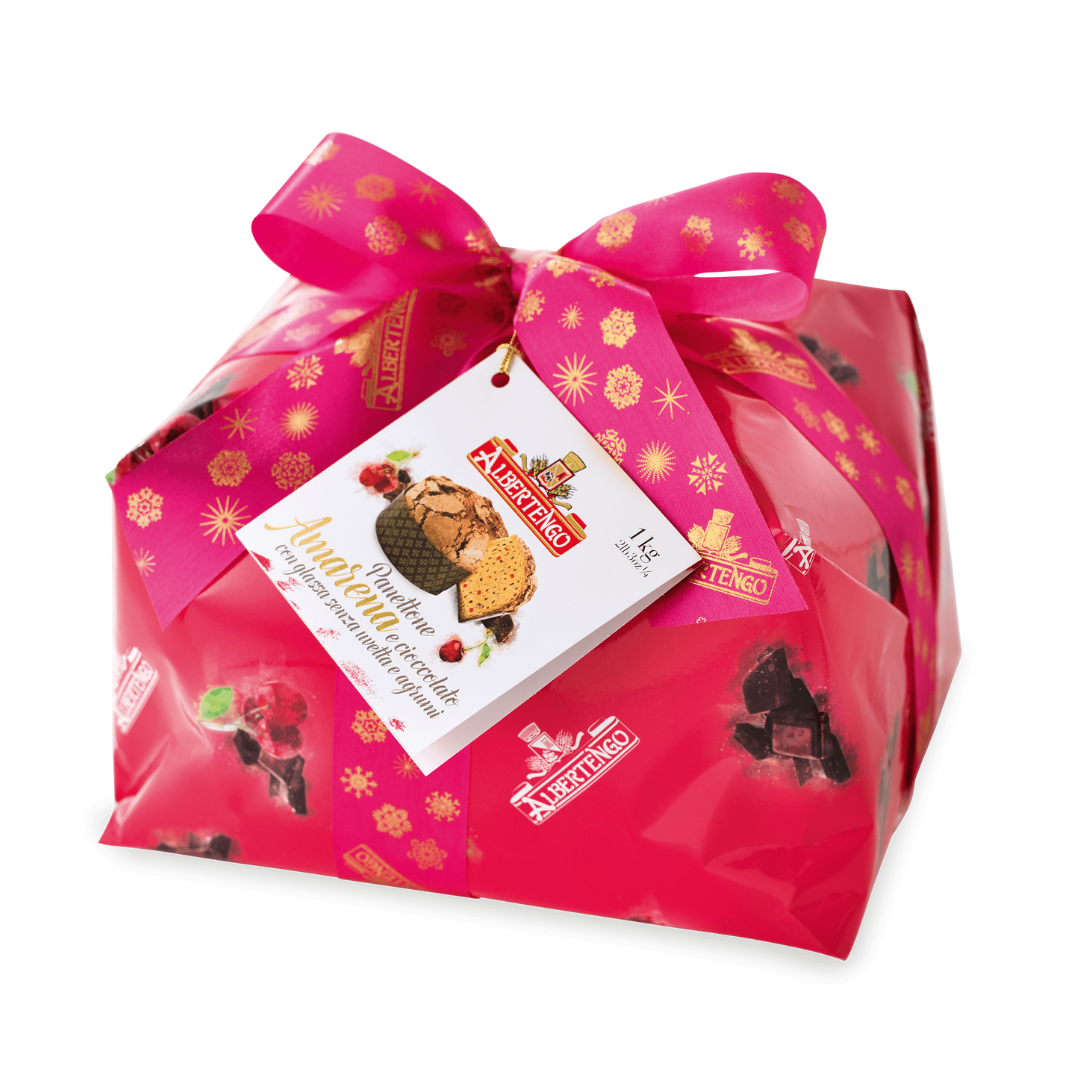 Albertengo España - Albertengo Panettone de cerezas y chocolate incarto 1Kg - www.albertengospain.com - Tienda online. Envíos a España. Envíos gratis a partir de 90€. El mejor panettone Italiano. 